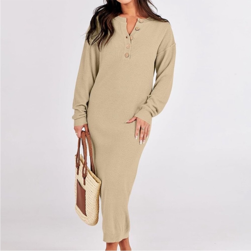 Anrabess Tan Waffleknit Henley Long Sleeve minimalist Maxi Dress L